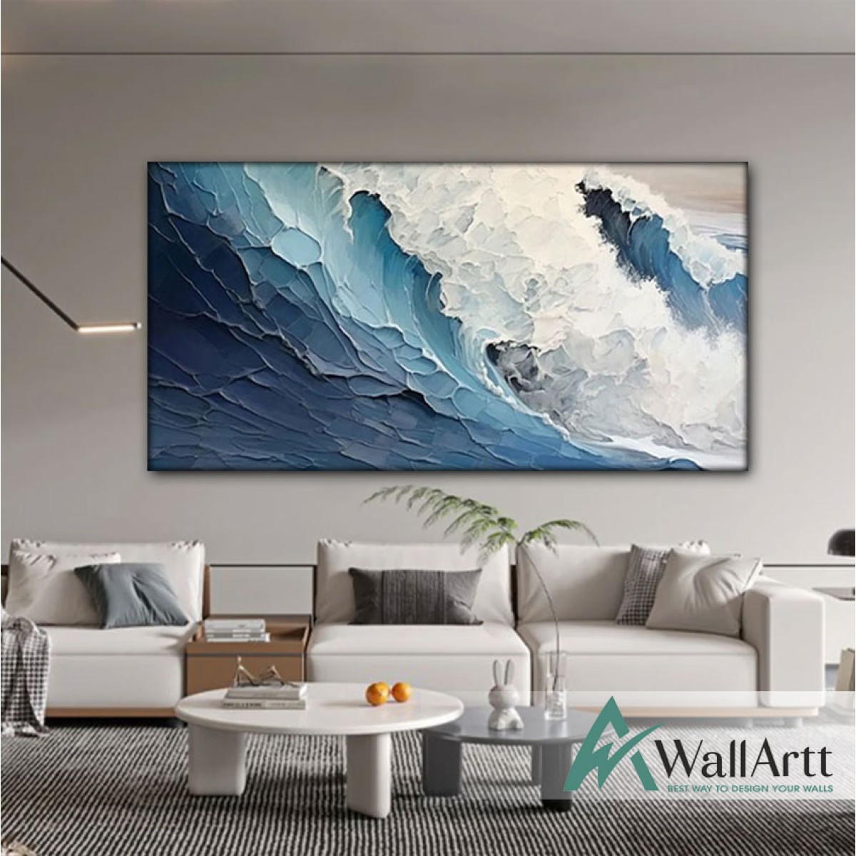 Abstract White Blue Waves 3d Heavy Textured Partial Oil Painting
